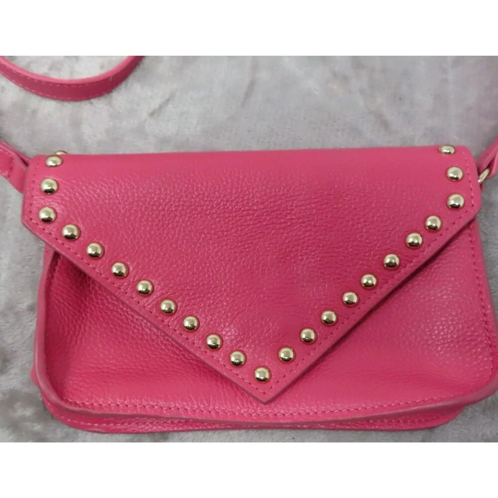 BTB Los Angeles Hot Pink Rocker Biker Styling Leather Gold Studded Crossbody Bag - Picture 2 of 16